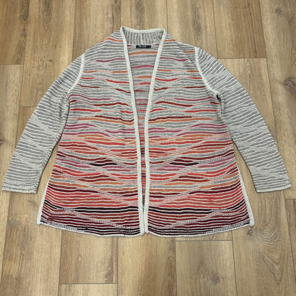 NIC+ZOE Open-Front Cardigan in Cream with Coral, Pink and Burgundy Waves